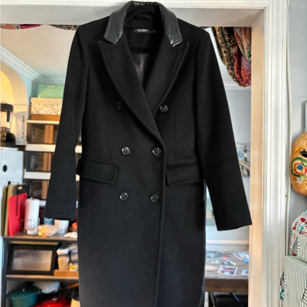 Ralph Lauren Black Wool Blend Notch Leather Collar Trench Coat